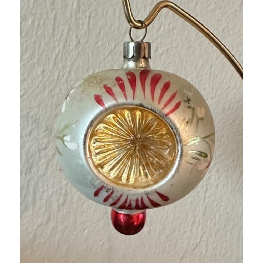 German Blown Mercury Glass Gold Double Indents Red Drop Ball Xmas Ornament 3.5